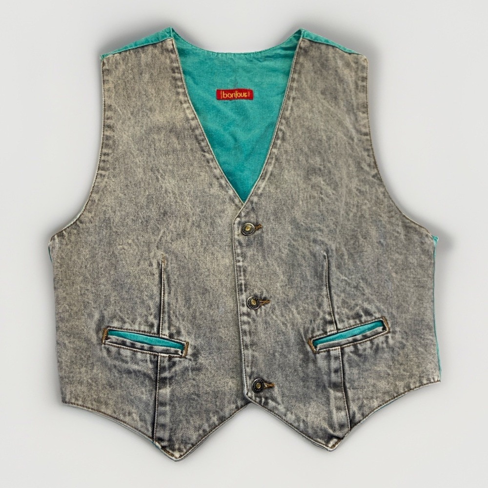 Bonjour Denim Vest Women's L Black Acid Wash Teal Jean Vintage 80s 90s